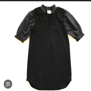 Sundays Mini Dress Womens Large Black V-Neck Short Puff Sleeve Pinstripe